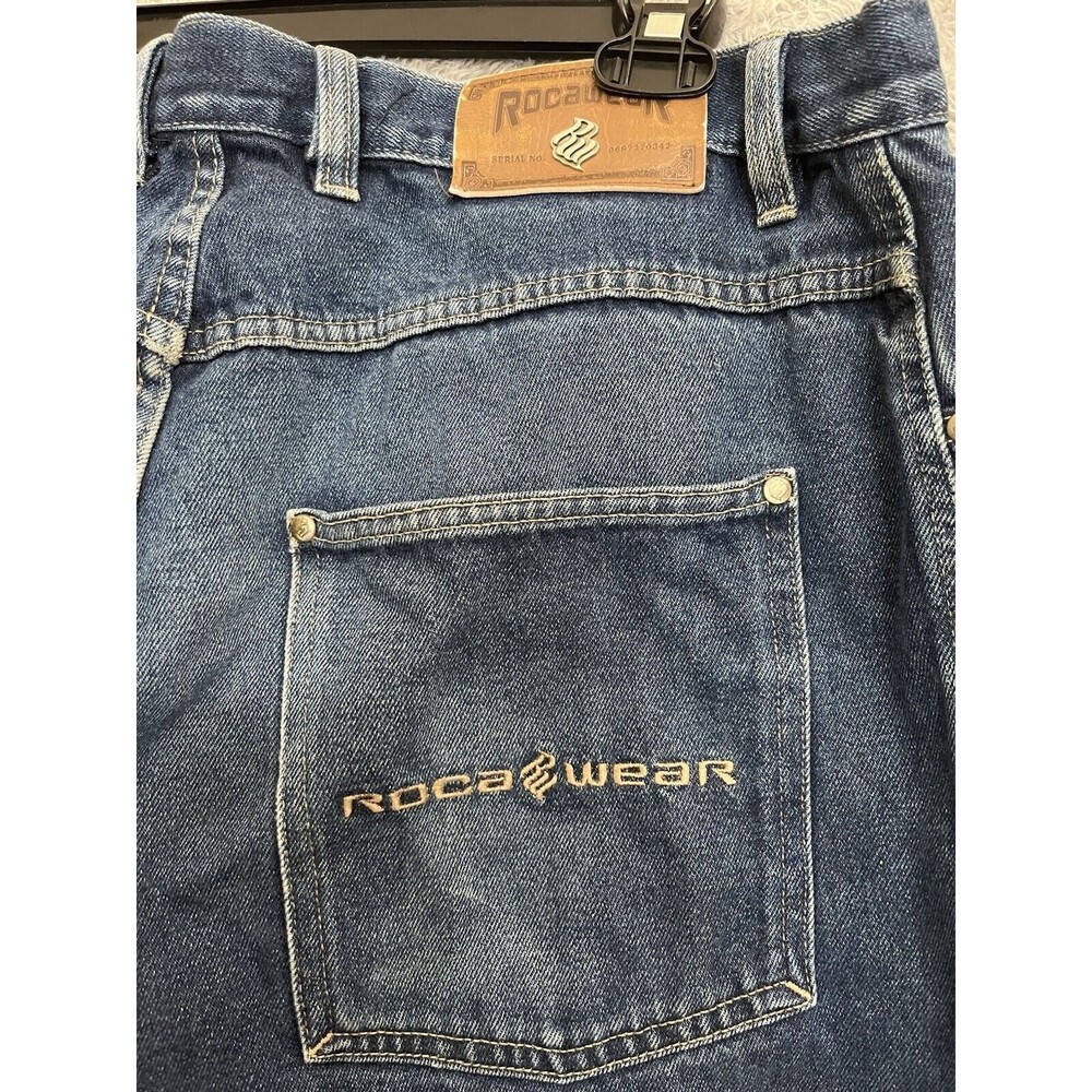 Vtg Rocawear Jeans Blue Baggy Wide Leg Skater Y2K Distressed - Picture 3 of 8